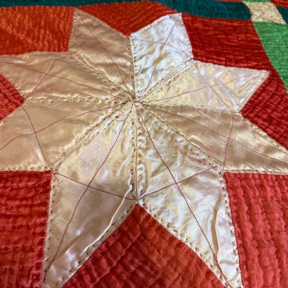 VTG Handmade Satin Patchwork Quilt Red Geometric Star 83x68 for REPAIR/REPURPOSE